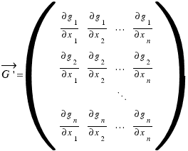 \vec{G\prime} = (\matrix{4}{4}{
{{\partial g_1}/{\partial x_1}} {{\partial g_1}/{\partial x_2}} {...} {{\partial g_1}/{\partial x_n}}
{{\partial g_2}/{\partial x_1}} {{\partial g_2}/{\partial x_2}} {...} {{\partial g_2}/{\partial x_n}}
{} {} {\ddots} {}
{{\partial g_n}/{\partial x_1}} {{\partial g_n}/{\partial x_2}} {...} {{\partial g_n}/{\partial x_n}}
})