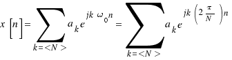 x[n] = \sum{k = <N>}{}{a_k e^{jk\omega_0 n}} = \sum{k = <N>}{}{a_k e^{jk(2\pi/N)n}}