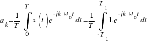 a_k = 1/T \int{0}{T}{x(t)e^{-jk\omega_0t}dt} = 1/T \int{-T_1}{T_1}{1.e^{-jk\omega_0t}dt}