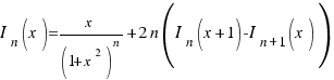 I_n(x) = x/{(1+x^2)^n} + 2n(I_n(x+1) - I_{n + 1}(x))