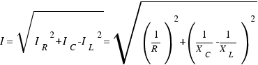 I = \sqrt{{I_R}^2 + {I_C - I_L}^2} = \sqrt{(1/R)^2 + (1/{X_C} - 1/{X_L})^2}