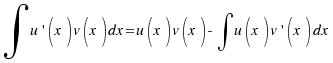 \int{}{}{u^\prime(x)v(x)dx = u(x)v(x) - \int{}{}{u(x)v^\prime(x)}dx}