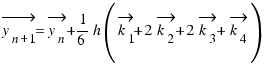 \vec{y_{n + 1}} = \vec{y_n} + 1/6 h(\vec{k_1} + 2\vec{k_2} + 2\vec{k_3} + \vec{k_4})