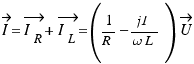 \vec{I} = \vec{I_R} + \vec{I_L} = (1/R − j1/{\omega L})\vec{U}