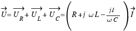 \vec{U} = \vec{U_R} + \vec{U_L} + \vec{U_C} = (R + j\omega L − j1/{\omega C})\vec{I}