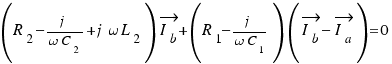 (R_2 − j/{\omega C_2} + j\omega L_2)\vec{I_b} + (R_1 − j/{\omega C_1})(\vec{I_b} − \vec{I_a}) = 0