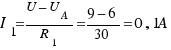 I_1 = {U − U_A}/{R_1} = {9 − 6}/{30} = 0,1 A