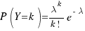 P(Y = k) = {{\lambda}^k}/{k!} e^{-\lambda}